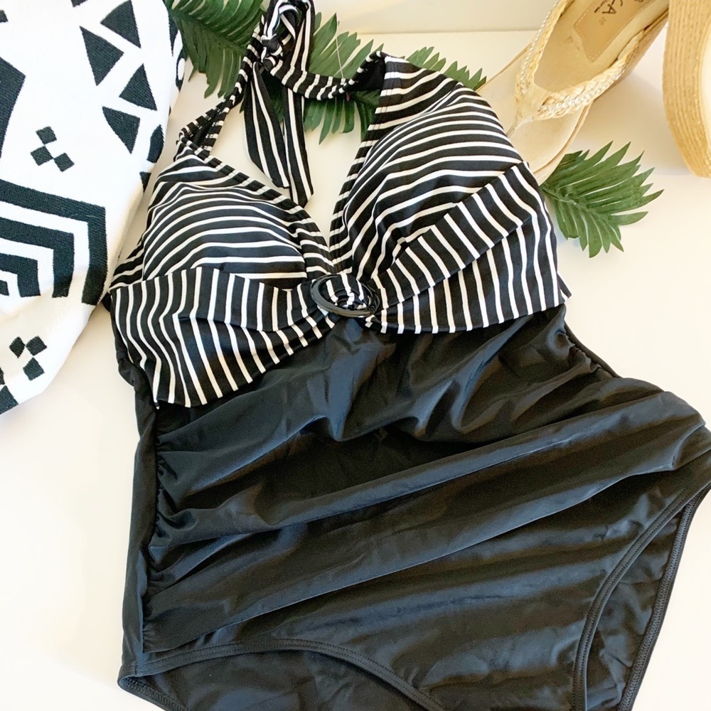 Cocoship Halter Black Strip Rouched Swimsuit 14